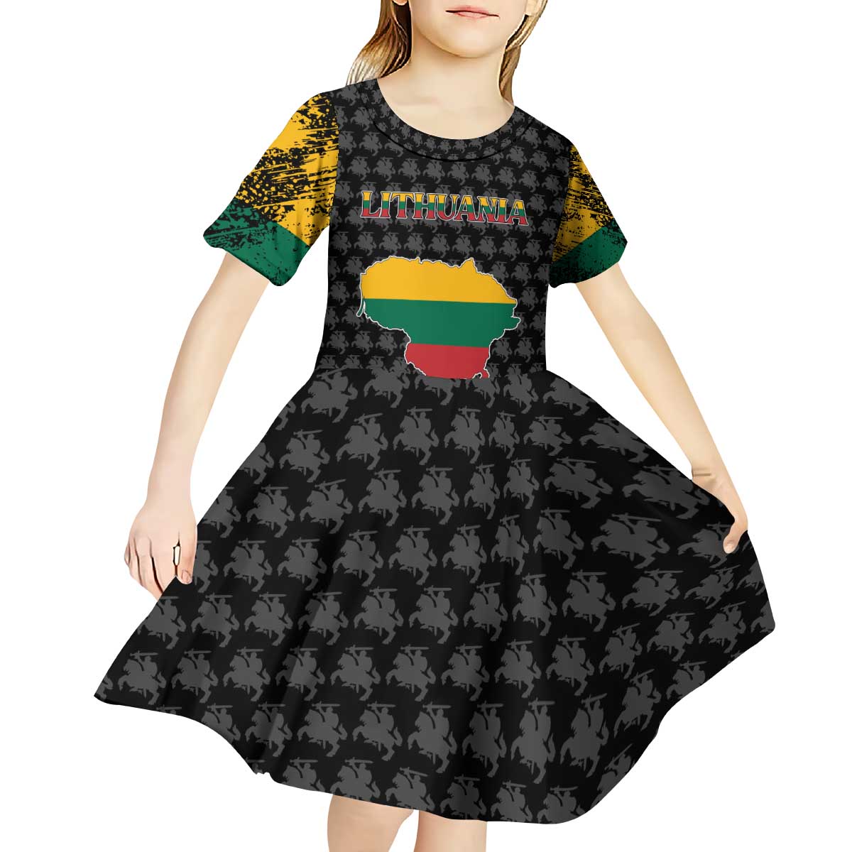 Lithuania Map Combined with National Coat of Arms Kid Short Sleeve Dress Patriotic Design