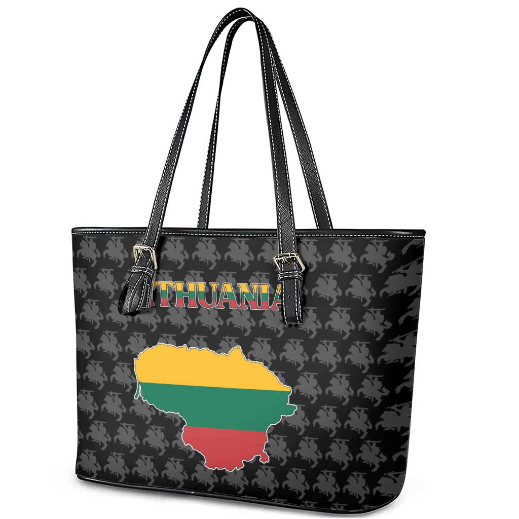 Lithuania Map Combined with National Coat of Arms Leather Tote Bag Patriotic Design