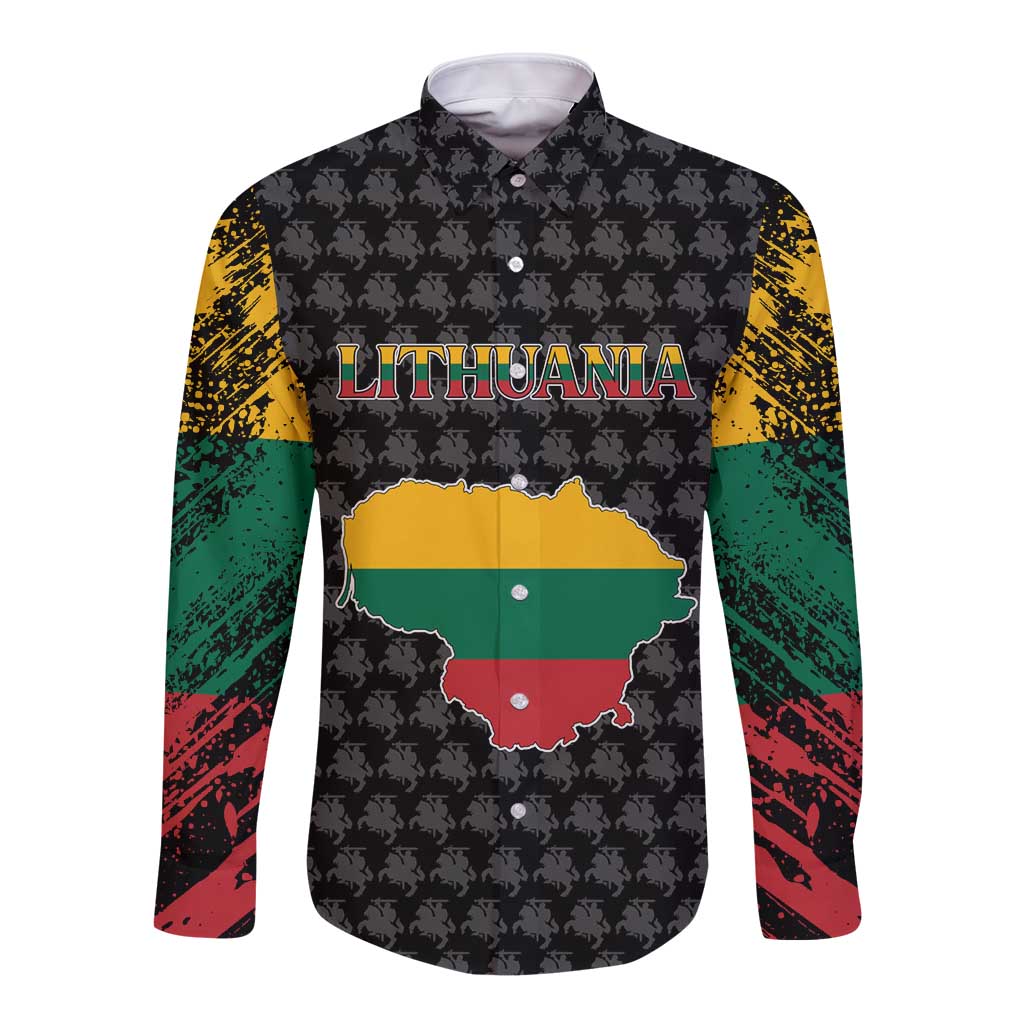 Lithuania Map Combined with National Coat of Arms Long Sleeve Button Shirt Patriotic Design