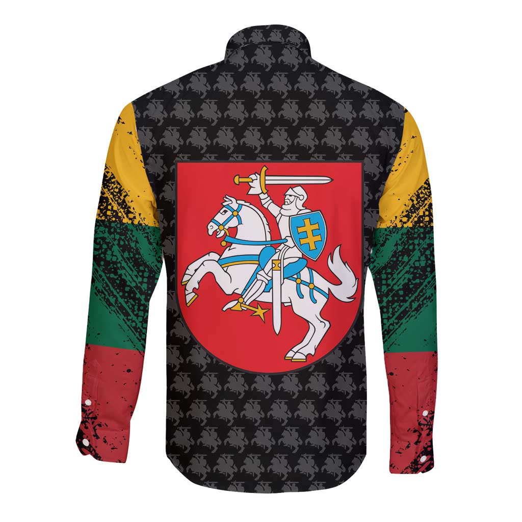 Lithuania Map Combined with National Coat of Arms Long Sleeve Button Shirt Patriotic Design