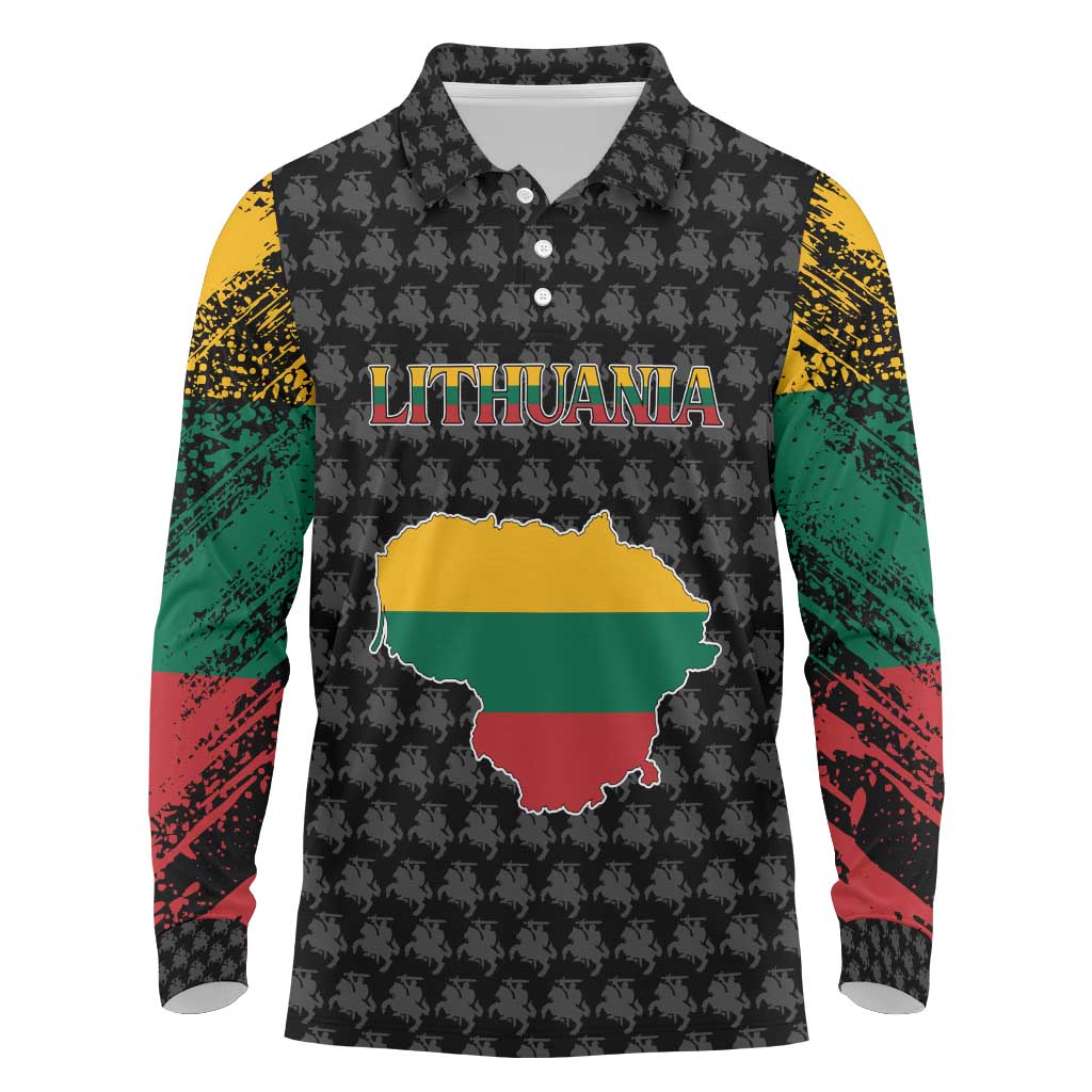 Lithuania Map Combined with National Coat of Arms Long Sleeve Polo Shirt Patriotic Design
