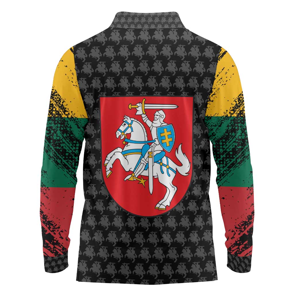 Lithuania Map Combined with National Coat of Arms Long Sleeve Polo Shirt Patriotic Design