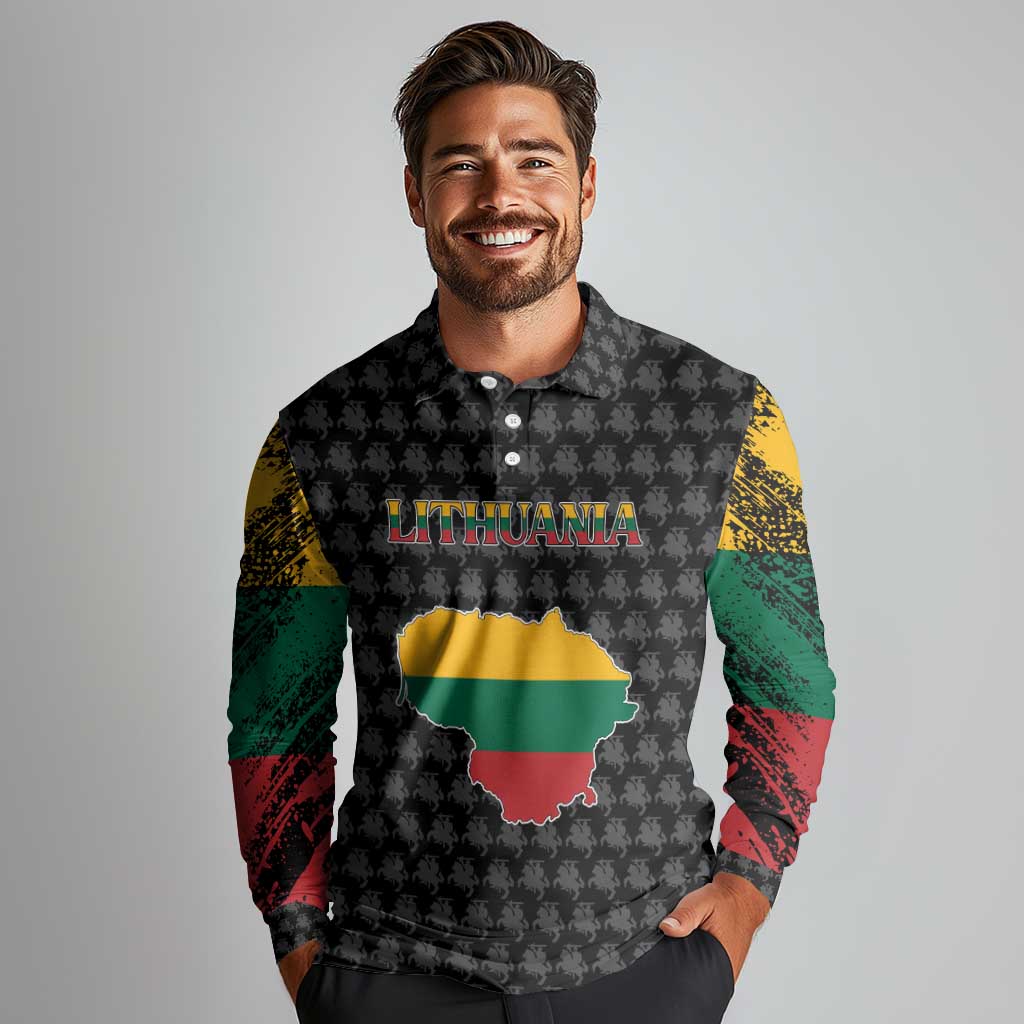 Lithuania Map Combined with National Coat of Arms Long Sleeve Polo Shirt Patriotic Design