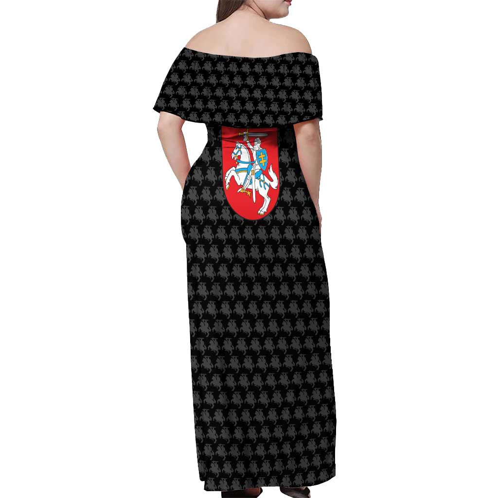 Lithuania Map Combined with National Coat of Arms Off Shoulder Maxi Dress Patriotic Design