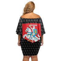 Lithuania Map Combined with National Coat of Arms Off Shoulder Short Dress Patriotic Design