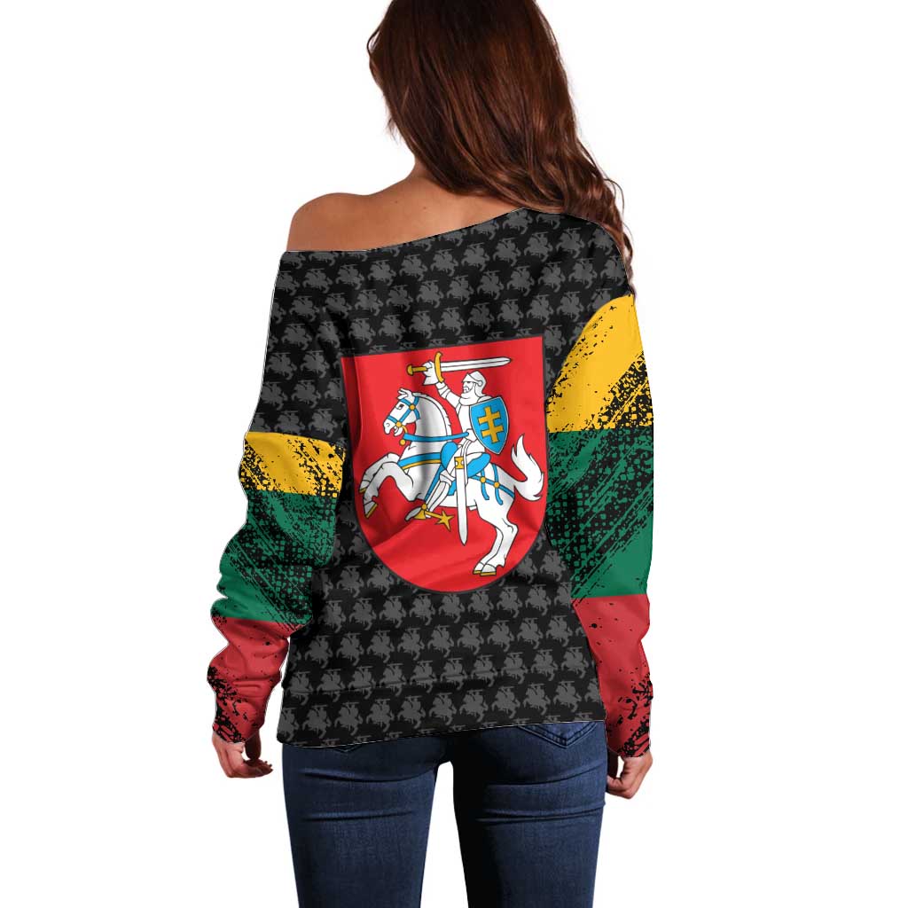 Lithuania Map Combined with National Coat of Arms Off Shoulder Sweater Patriotic Design