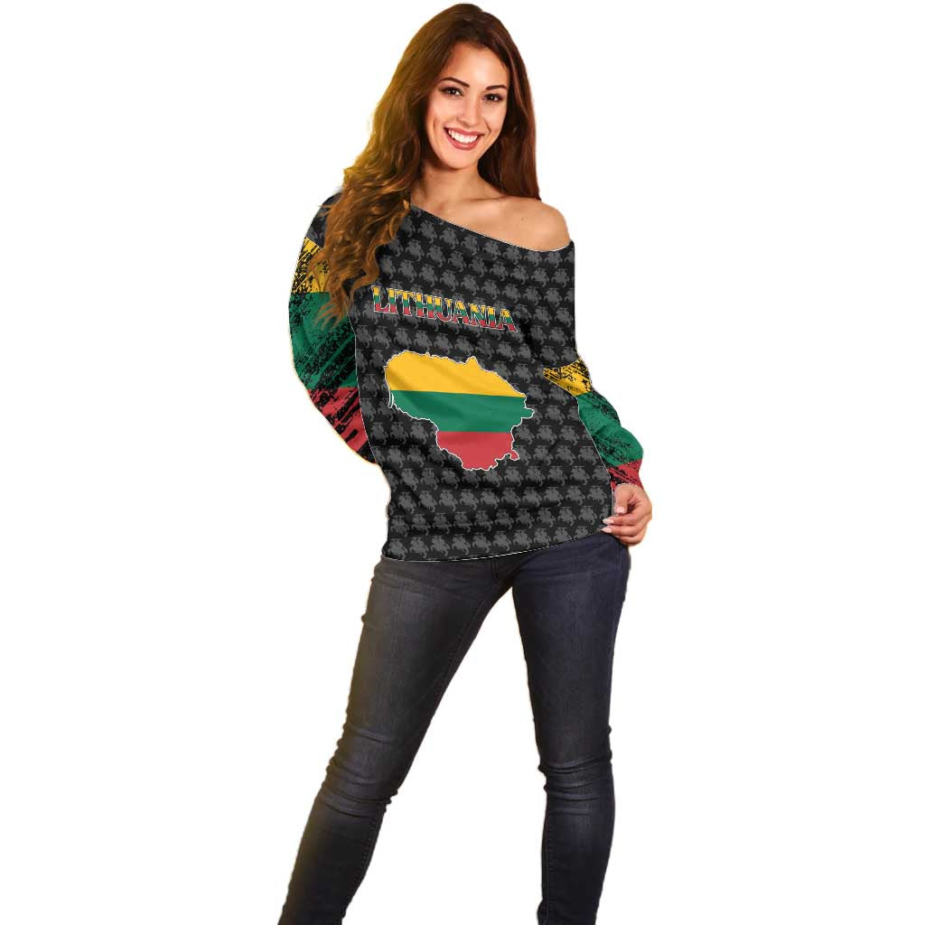 Lithuania Map Combined with National Coat of Arms Off Shoulder Sweater Patriotic Design
