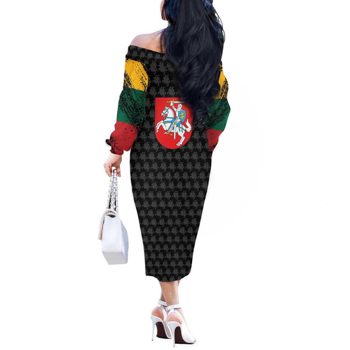 Lithuania Map Combined with National Coat of Arms Off The Shoulder Long Sleeve Dress Patriotic Design