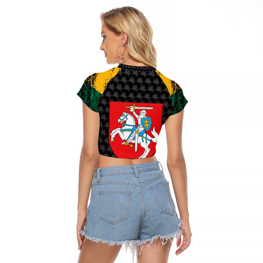 Lithuania Map Combined with National Coat of Arms Raglan Cropped T Shirt Patriotic Design