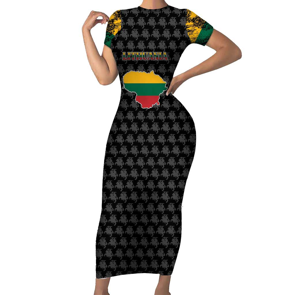Lithuania Map Combined with National Coat of Arms Short Sleeve Bodycon Dress Patriotic Design