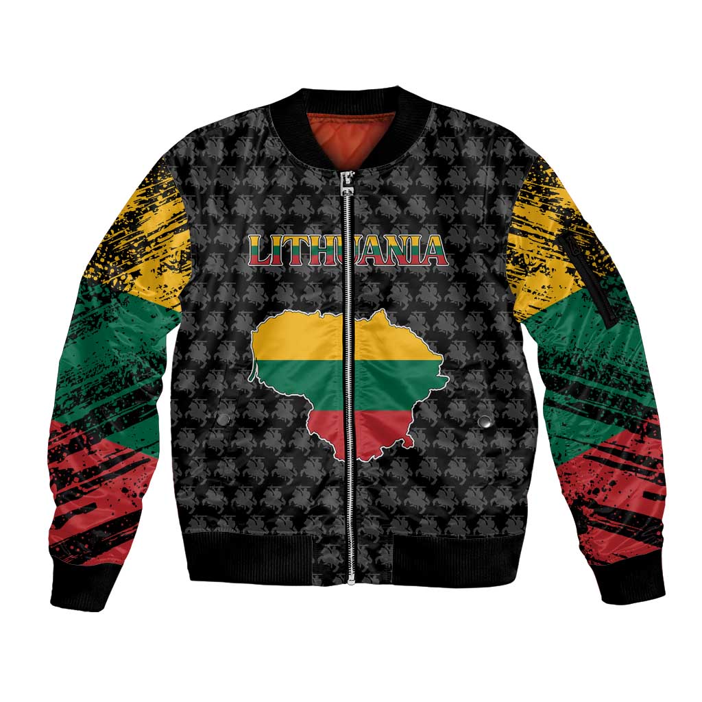Lithuania Map Combined with National Coat of Arms Sleeve Zip Bomber Jacket Patriotic Design