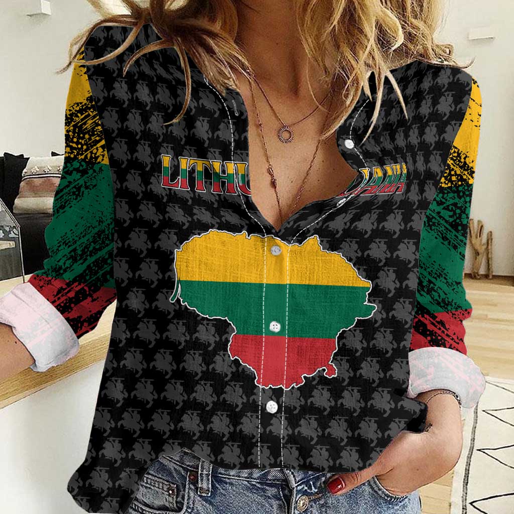 Lithuania Map Combined with National Coat of Arms Women Casual Shirt Patriotic Design