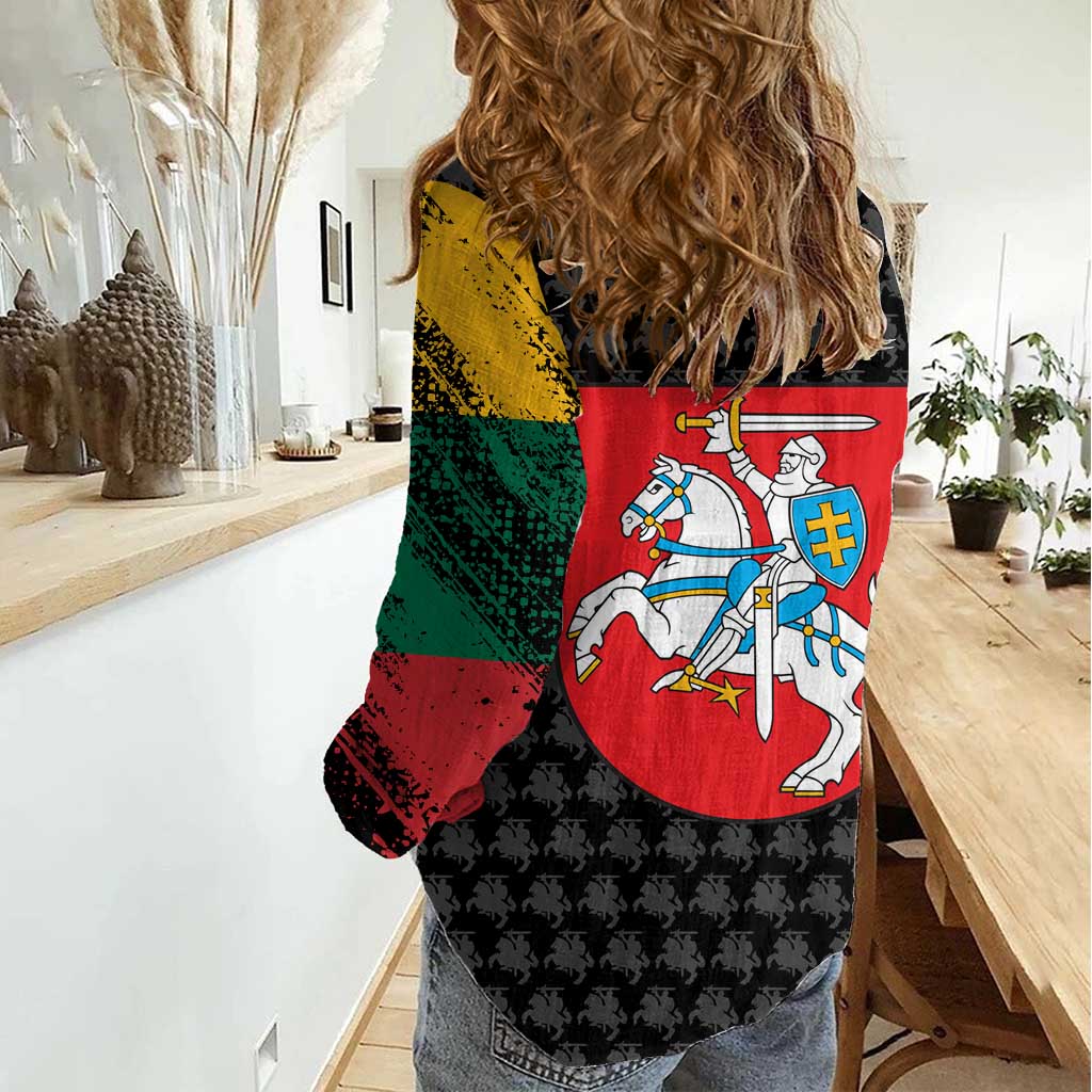Lithuania Map Combined with National Coat of Arms Women Casual Shirt Patriotic Design