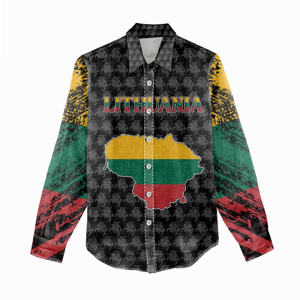 Lithuania Map Combined with National Coat of Arms Women Casual Shirt Patriotic Design