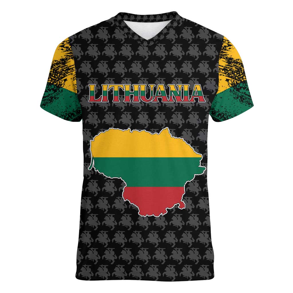 Lithuania Map Combined with National Coat of Arms Women V-Neck T-Shirt Patriotic Design