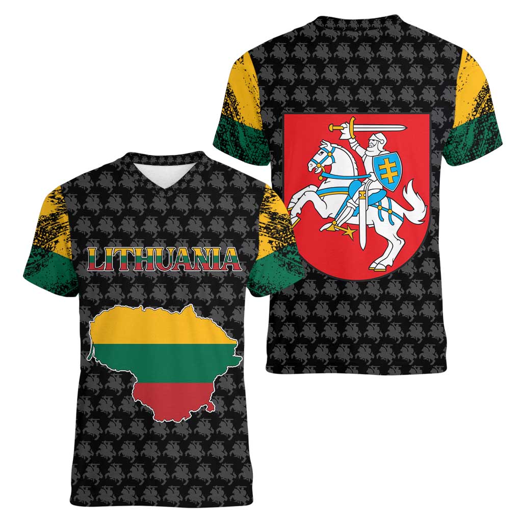 Lithuania Map Combined with National Coat of Arms Women V-Neck T-Shirt Patriotic Design