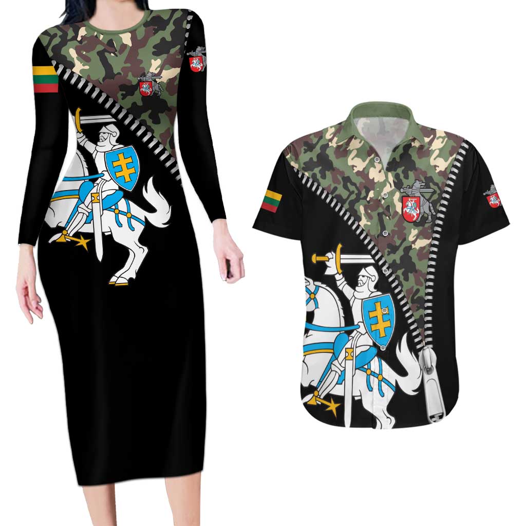 Lithuania's National Emblem Couples Matching Long Sleeve Bodycon Dress and Hawaiian Shirt with Military Motifs - Army-Inspired Design