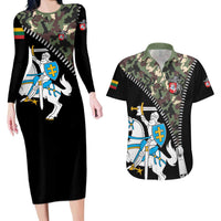 Lithuania's National Emblem Couples Matching Long Sleeve Bodycon Dress and Hawaiian Shirt with Military Motifs - Army-Inspired Design