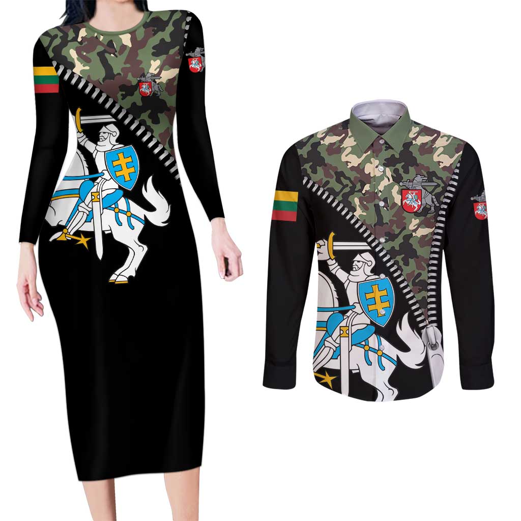Lithuania's National Emblem Couples Matching Long Sleeve Bodycon Dress and Long Sleeve Button Shirt with Military Motifs - Army-Inspired Design
