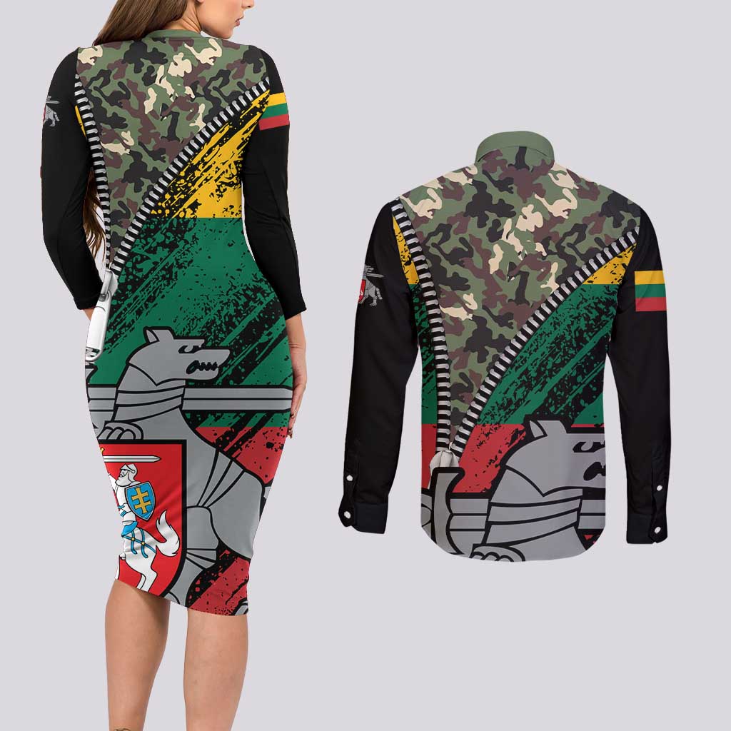 Lithuania's National Emblem Couples Matching Long Sleeve Bodycon Dress and Long Sleeve Button Shirt with Military Motifs - Army-Inspired Design
