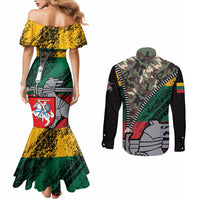 Lithuania's National Emblem Couples Matching Mermaid Dress and Long Sleeve Button Shirt with Military Motifs - Army-Inspired Design