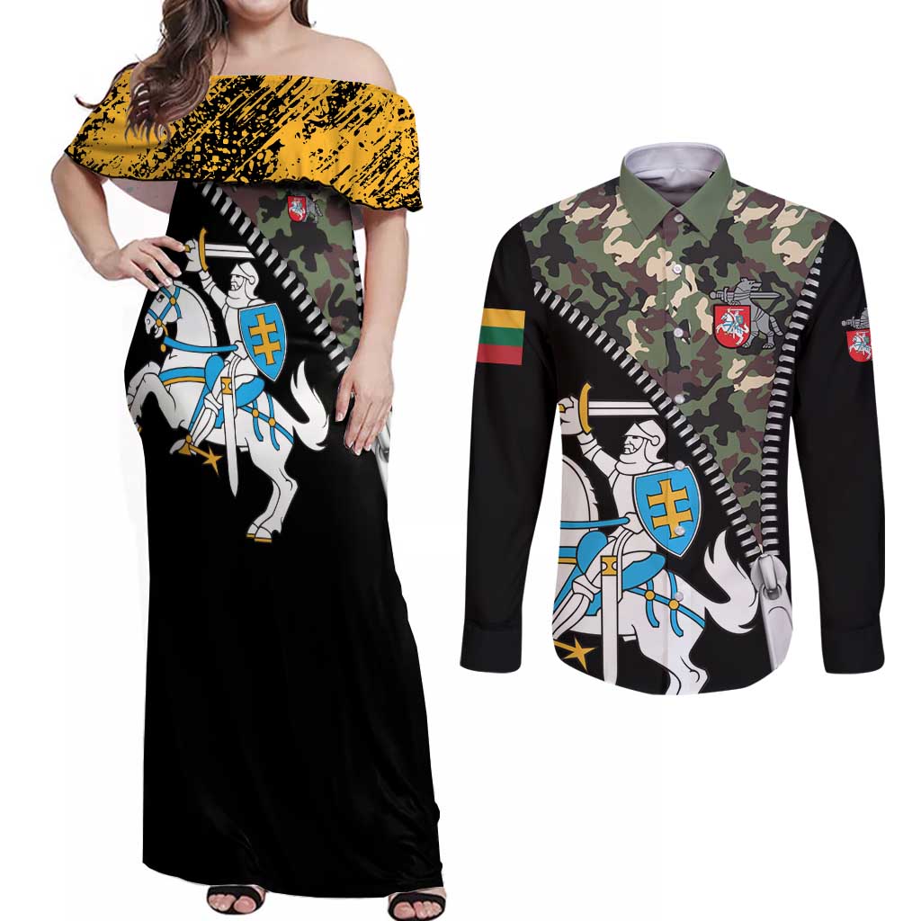 Lithuania's National Emblem Couples Matching Off Shoulder Maxi Dress and Long Sleeve Button Shirt with Military Motifs - Army-Inspired Design