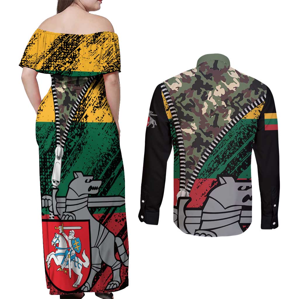 Lithuania's National Emblem Couples Matching Off Shoulder Maxi Dress and Long Sleeve Button Shirt with Military Motifs - Army-Inspired Design
