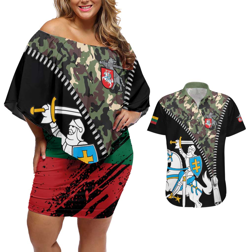 Lithuania's National Emblem Couples Matching Off Shoulder Short Dress and Hawaiian Shirt with Military Motifs - Army-Inspired Design