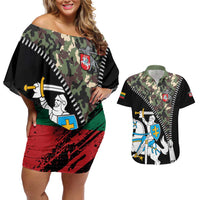 Lithuania's National Emblem Couples Matching Off Shoulder Short Dress and Hawaiian Shirt with Military Motifs - Army-Inspired Design