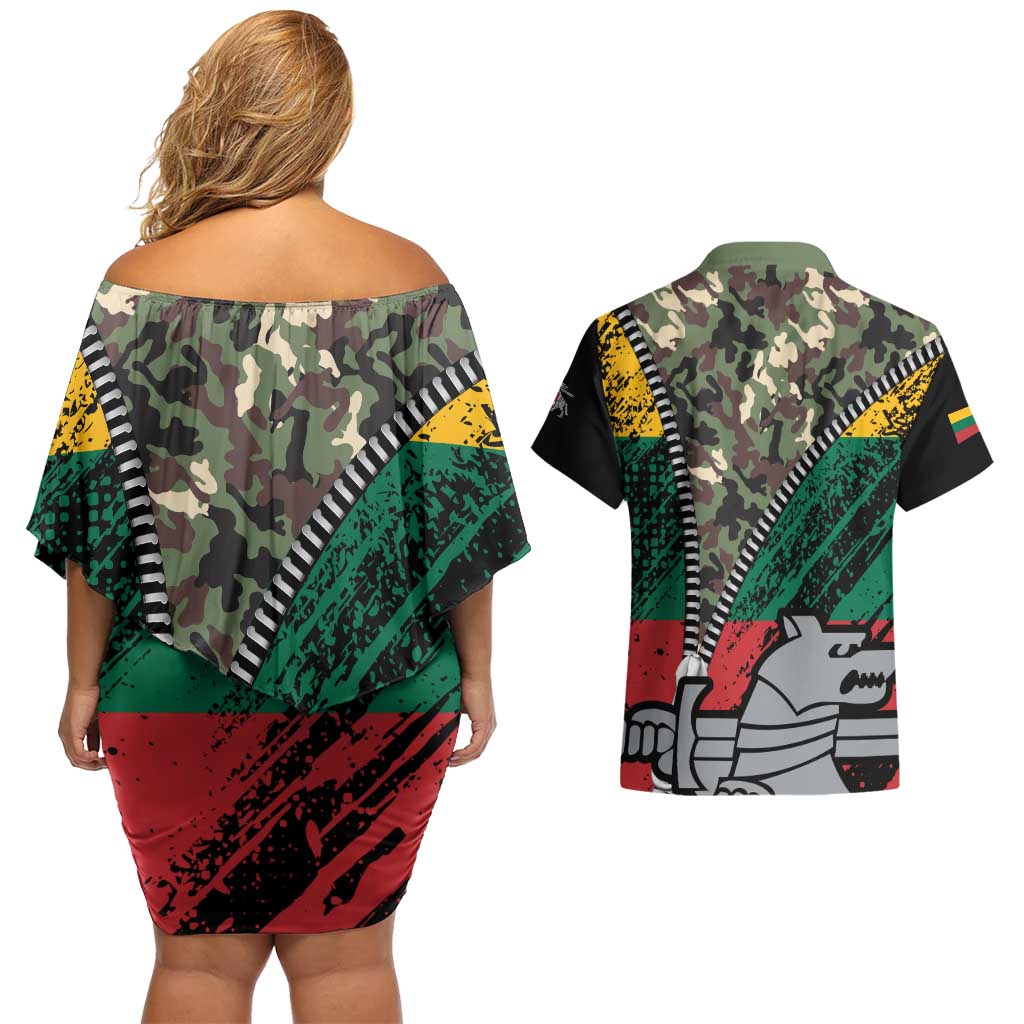 Lithuania's National Emblem Couples Matching Off Shoulder Short Dress and Hawaiian Shirt with Military Motifs - Army-Inspired Design
