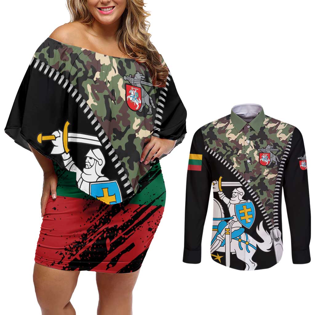 Lithuania's National Emblem Couples Matching Off Shoulder Short Dress and Long Sleeve Button Shirt with Military Motifs - Army-Inspired Design