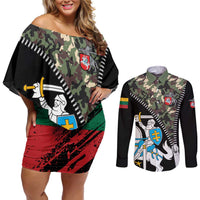 Lithuania's National Emblem Couples Matching Off Shoulder Short Dress and Long Sleeve Button Shirt with Military Motifs - Army-Inspired Design