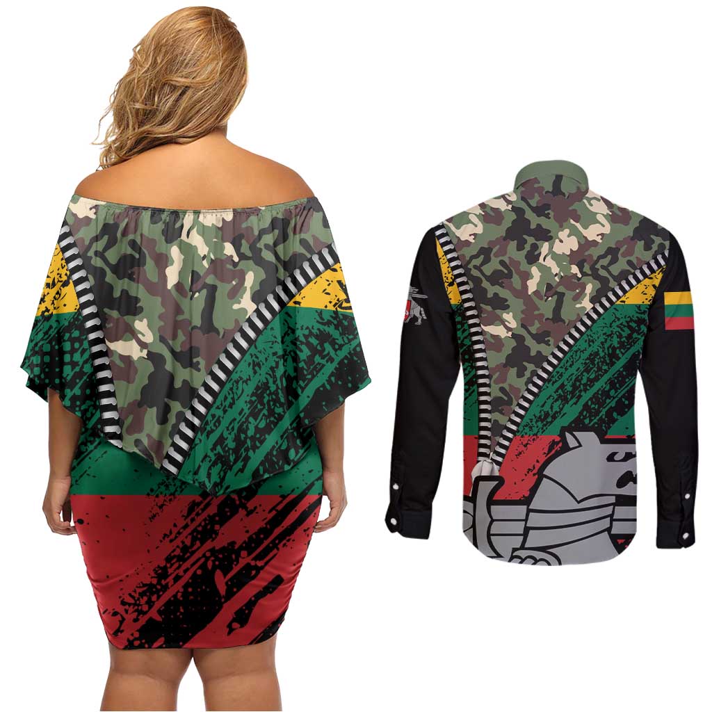 Lithuania's National Emblem Couples Matching Off Shoulder Short Dress and Long Sleeve Button Shirt with Military Motifs - Army-Inspired Design