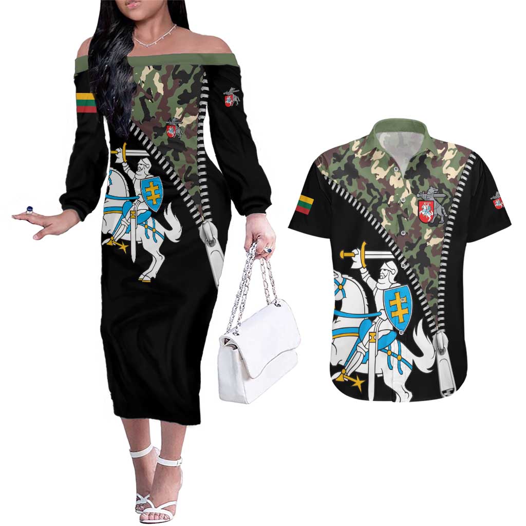 Lithuania's National Emblem Couples Matching Off The Shoulder Long Sleeve Dress and Hawaiian Shirt with Military Motifs - Army-Inspired Design