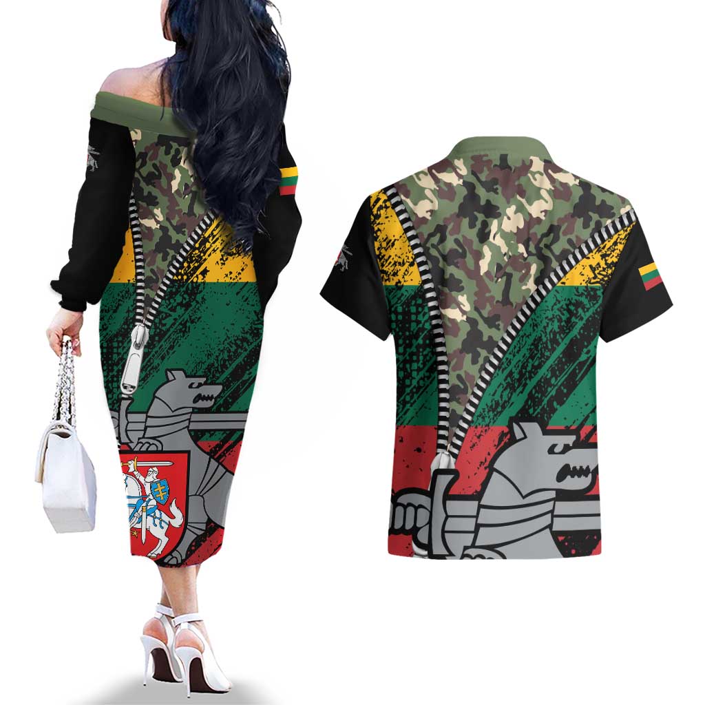 Lithuania's National Emblem Couples Matching Off The Shoulder Long Sleeve Dress and Hawaiian Shirt with Military Motifs - Army-Inspired Design