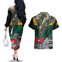 Lithuania's National Emblem Couples Matching Off The Shoulder Long Sleeve Dress and Hawaiian Shirt with Military Motifs - Army-Inspired Design