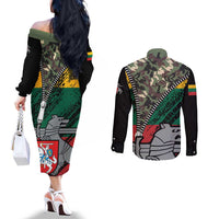 Lithuania's National Emblem Couples Matching Off The Shoulder Long Sleeve Dress and Long Sleeve Button Shirt with Military Motifs - Army-Inspired Design
