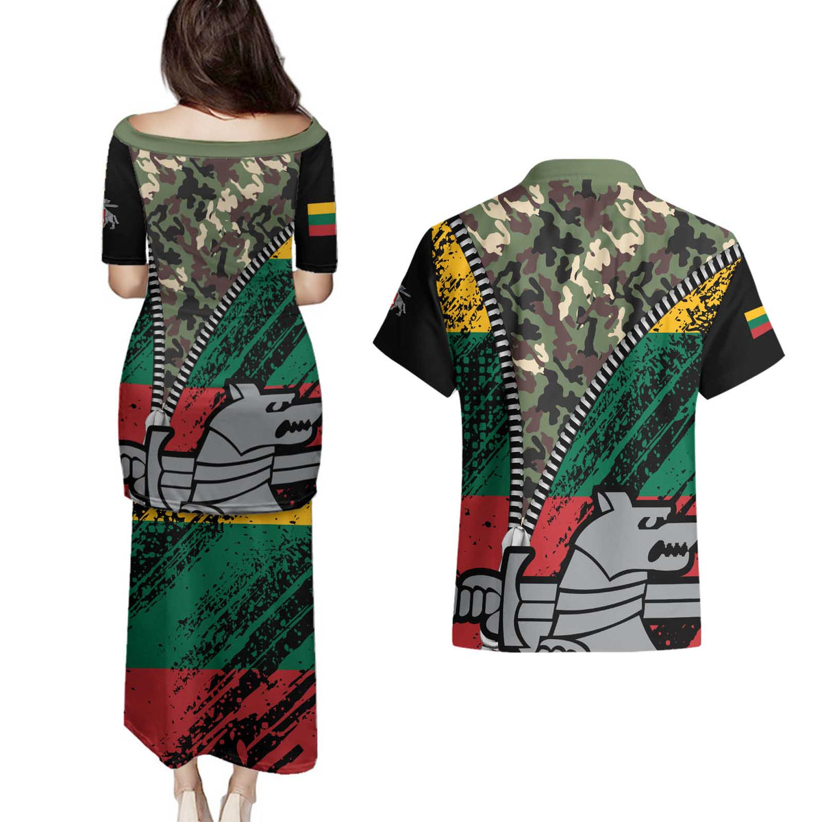 Lithuania's National Emblem Couples Matching Puletasi and Hawaiian Shirt with Military Motifs - Army-Inspired Design