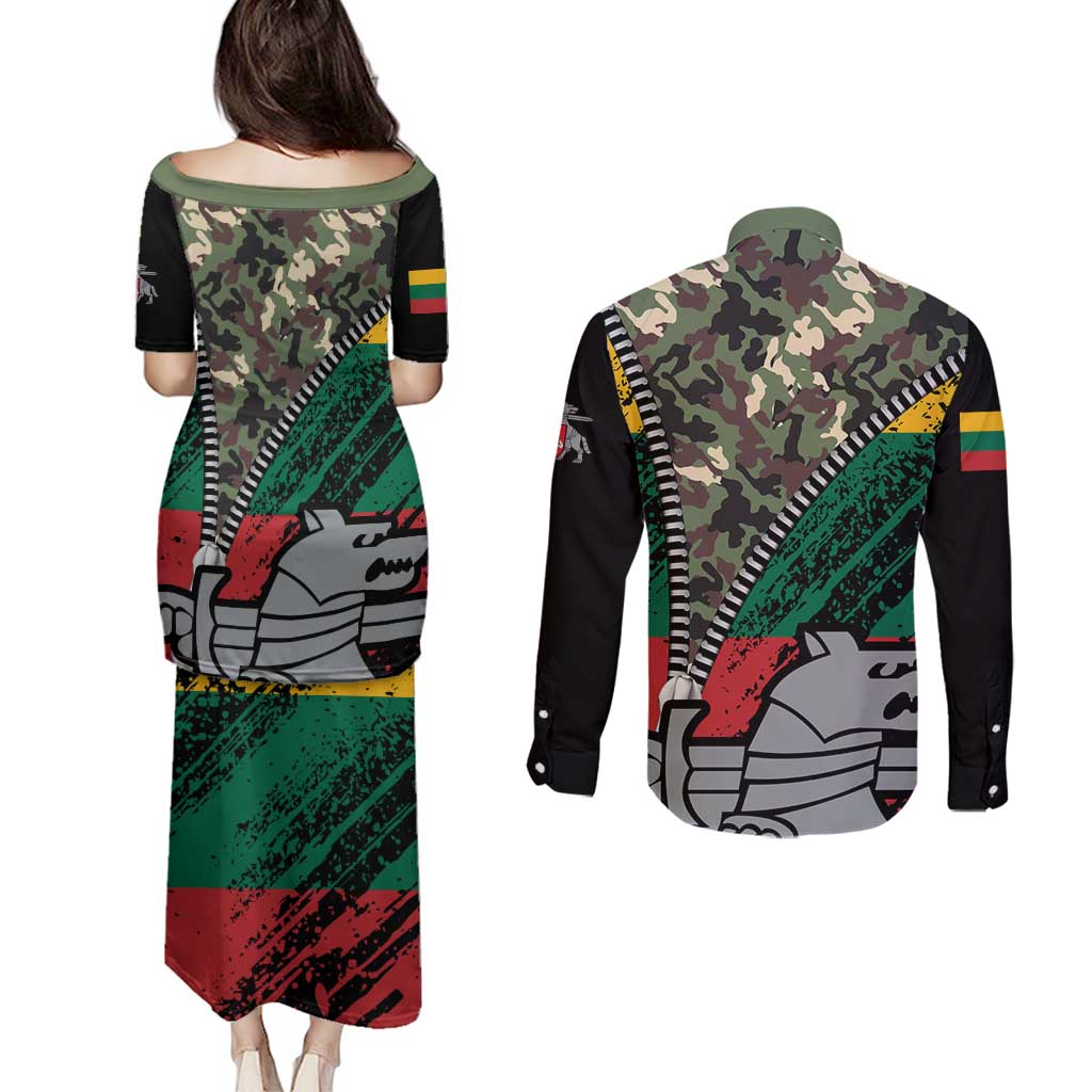 Lithuania's National Emblem Couples Matching Puletasi and Long Sleeve Button Shirt with Military Motifs - Army-Inspired Design