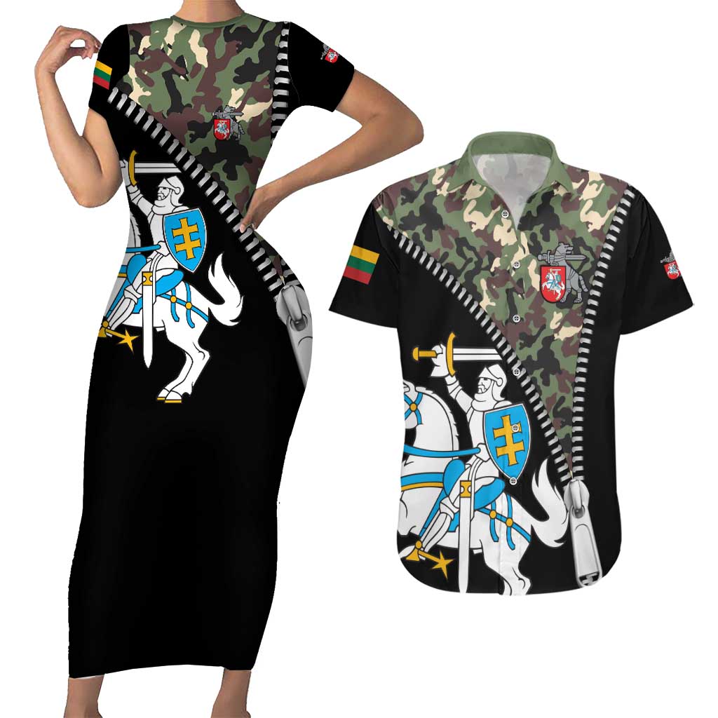 Lithuania's National Emblem Couples Matching Short Sleeve Bodycon Dress and Hawaiian Shirt with Military Motifs - Army-Inspired Design