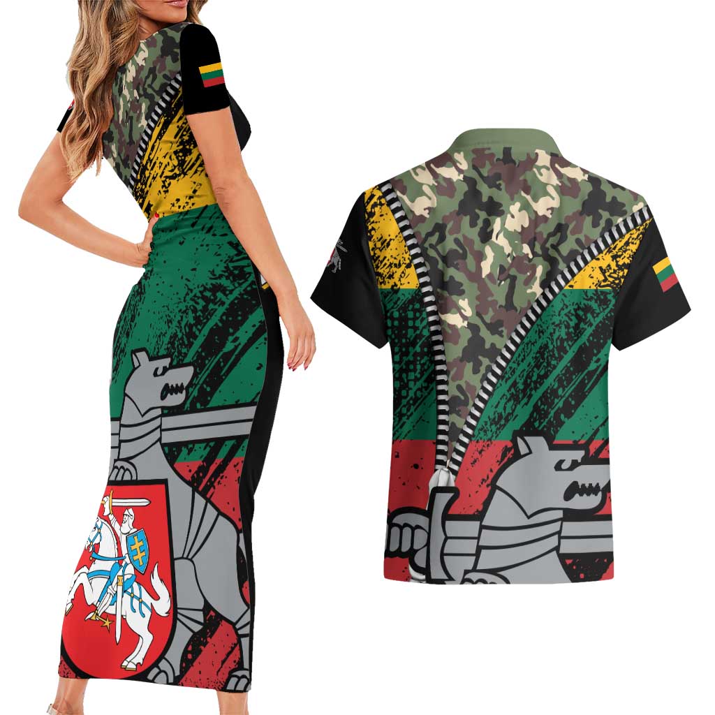 Lithuania's National Emblem Couples Matching Short Sleeve Bodycon Dress and Hawaiian Shirt with Military Motifs - Army-Inspired Design