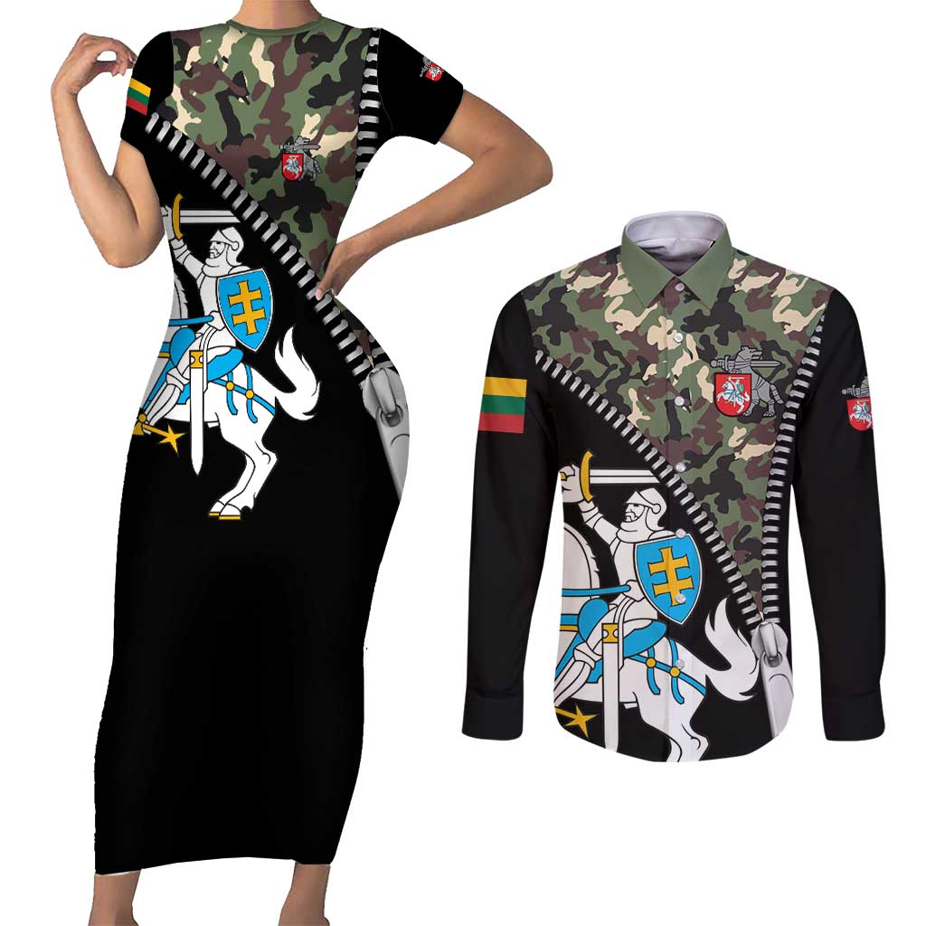 Lithuania's National Emblem Couples Matching Short Sleeve Bodycon Dress and Long Sleeve Button Shirt with Military Motifs - Army-Inspired Design