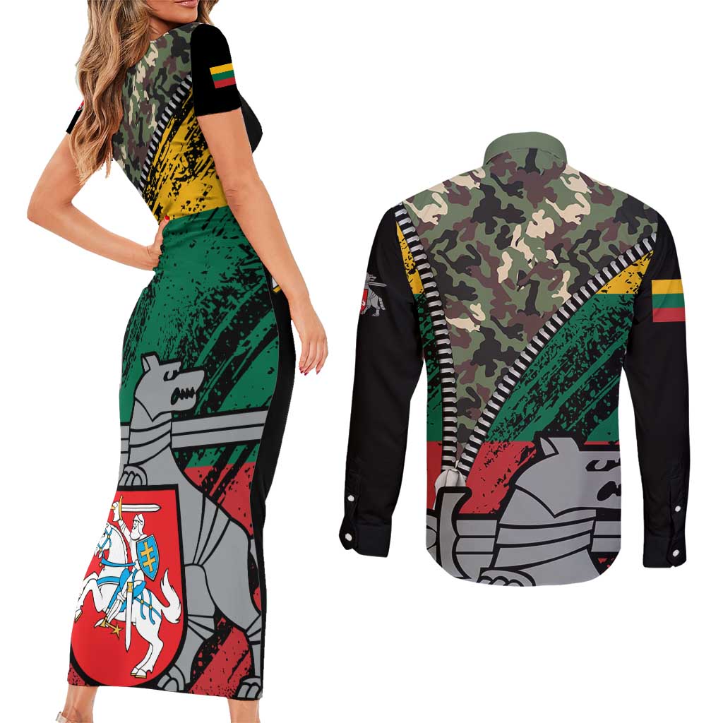 Lithuania's National Emblem Couples Matching Short Sleeve Bodycon Dress and Long Sleeve Button Shirt with Military Motifs - Army-Inspired Design
