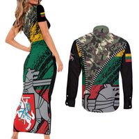 Lithuania's National Emblem Couples Matching Short Sleeve Bodycon Dress and Long Sleeve Button Shirt with Military Motifs - Army-Inspired Design