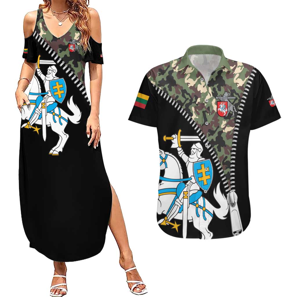 Lithuania's National Emblem Couples Matching Summer Maxi Dress and Hawaiian Shirt with Military Motifs - Army-Inspired Design