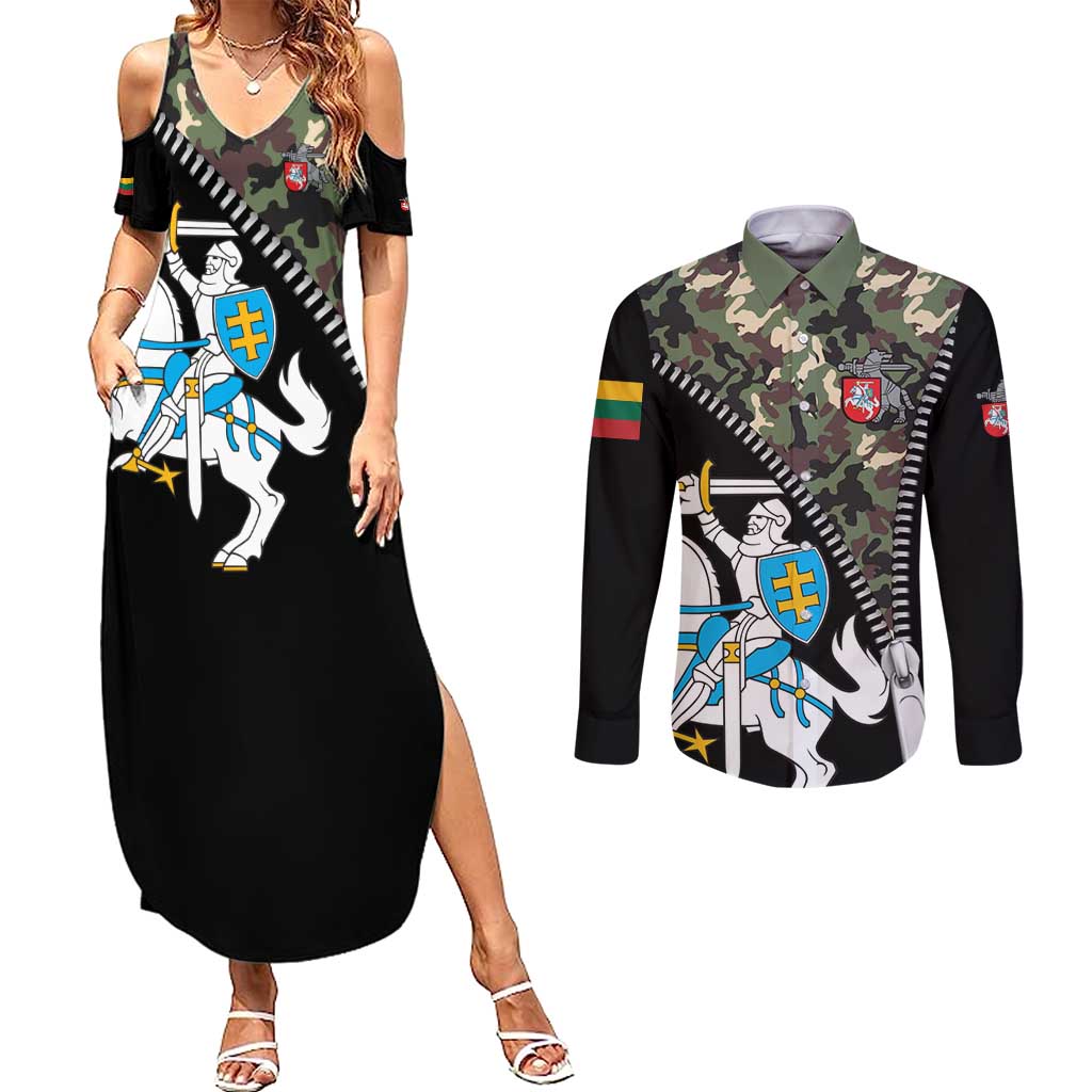 Lithuania's National Emblem Couples Matching Summer Maxi Dress and Long Sleeve Button Shirt with Military Motifs - Army-Inspired Design