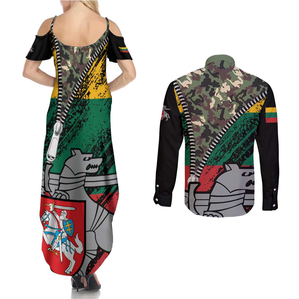 Lithuania's National Emblem Couples Matching Summer Maxi Dress and Long Sleeve Button Shirt with Military Motifs - Army-Inspired Design