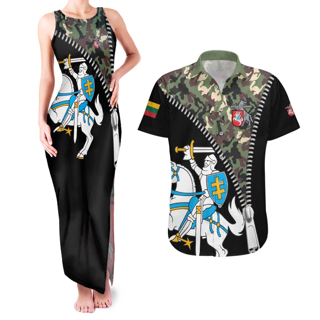 Lithuania's National Emblem Couples Matching Tank Maxi Dress and Hawaiian Shirt with Military Motifs - Army-Inspired Design
