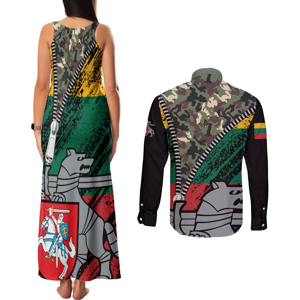 Lithuania's National Emblem Couples Matching Tank Maxi Dress and Long Sleeve Button Shirt with Military Motifs - Army-Inspired Design