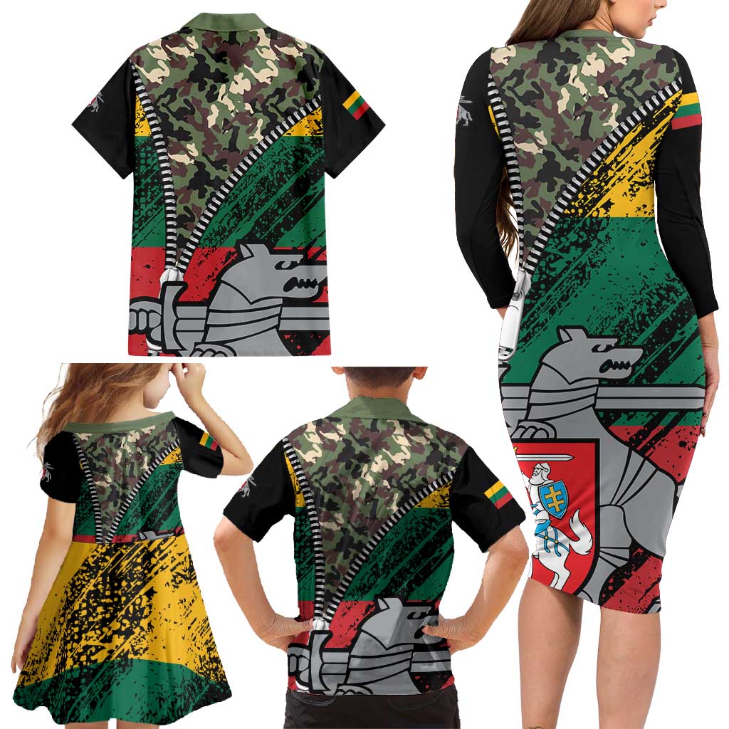 Lithuania's National Emblem Family Matching Long Sleeve Bodycon Dress and Hawaiian Shirt with Military Motifs - Army-Inspired Design